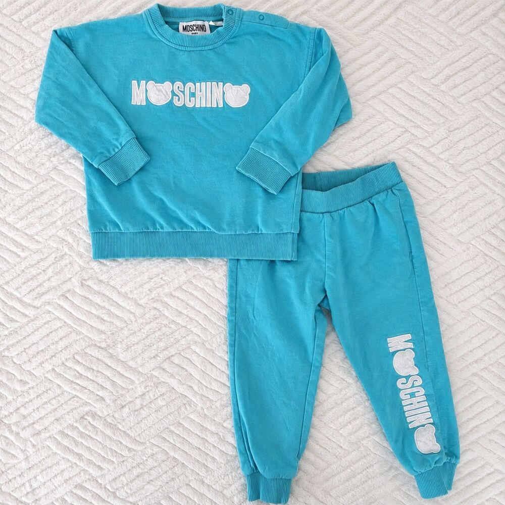 Moschino Baby Size 18-24M Blue Teddy Logo Sweatshirt Jogger Tracksuit 2PC Set